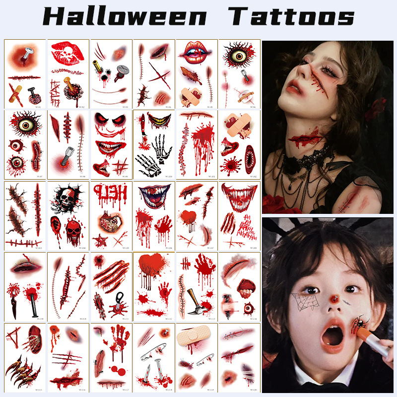 Halloween Temporary Tattoo Makeup – Realistic Fake Wounds, Scars & Blood FX Stickers for Costume & Prank Use