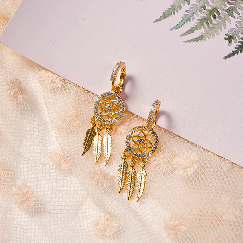 Dreamcatcher 14k Solid Gold Earrings - hoop earrings
