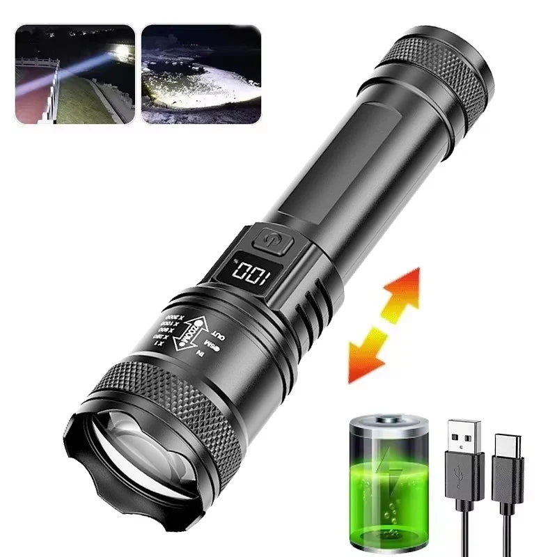 High Strong Power Led Flashlights Tactical Emergency Spotlights Telescopic Zoom Built-in Battery USB Rechargeable Camping Torch