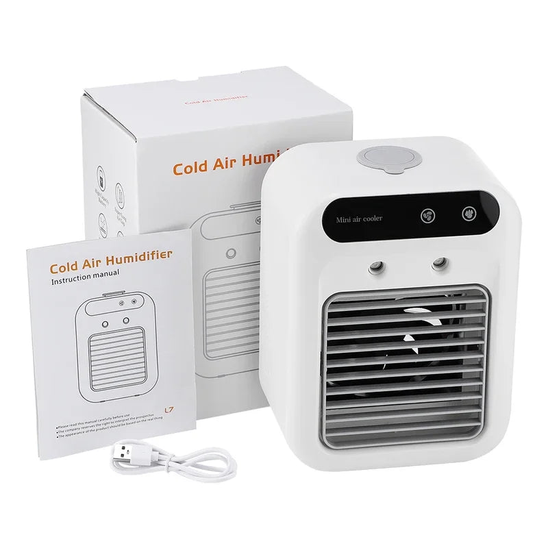 Mini Portable Air Cooler & Humidifier – USB Rechargeable, 2-Speed Fan, 500ml Water Tank – for Home & Office