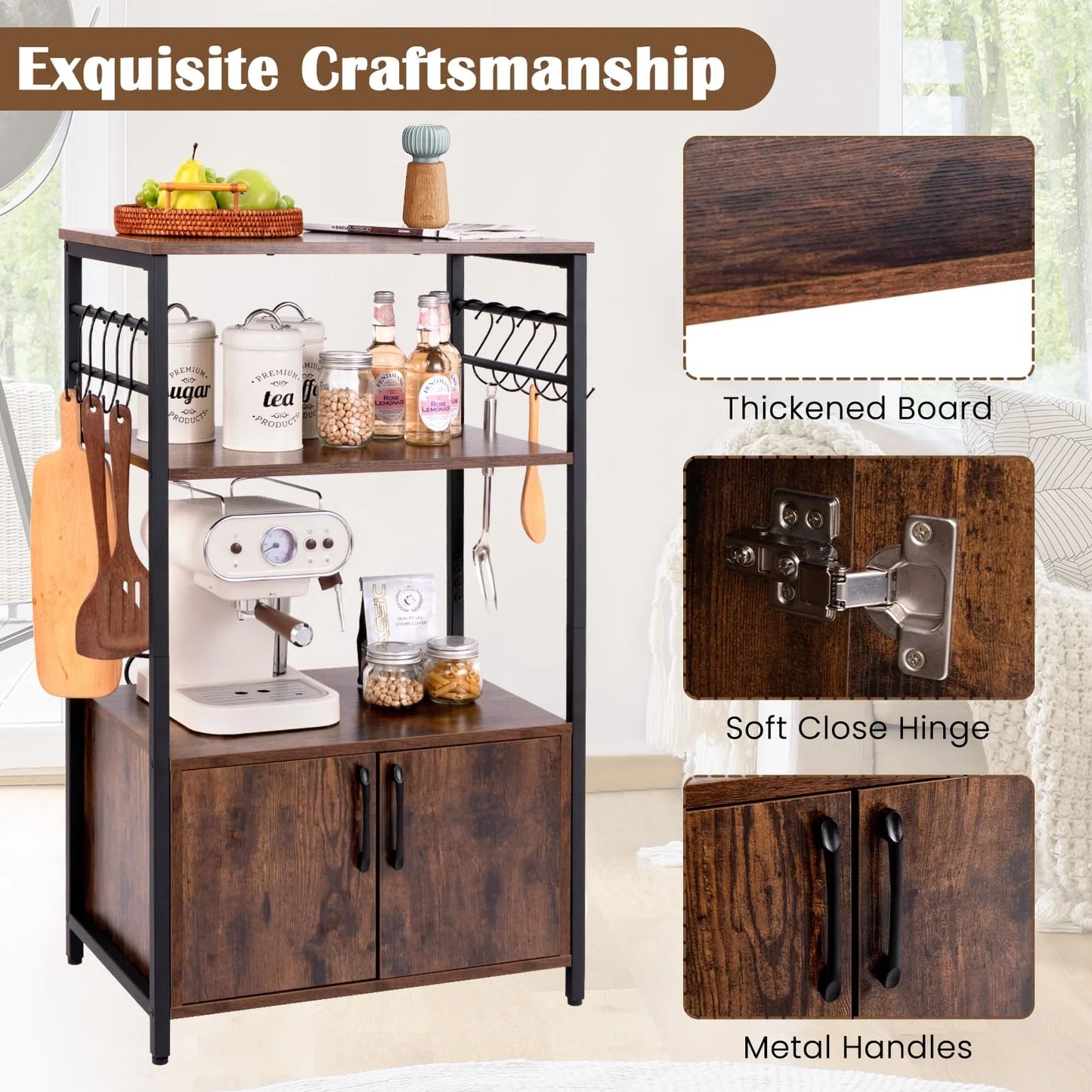 3-Tier Industrial Kitchen Bakers Rack with Cabinet