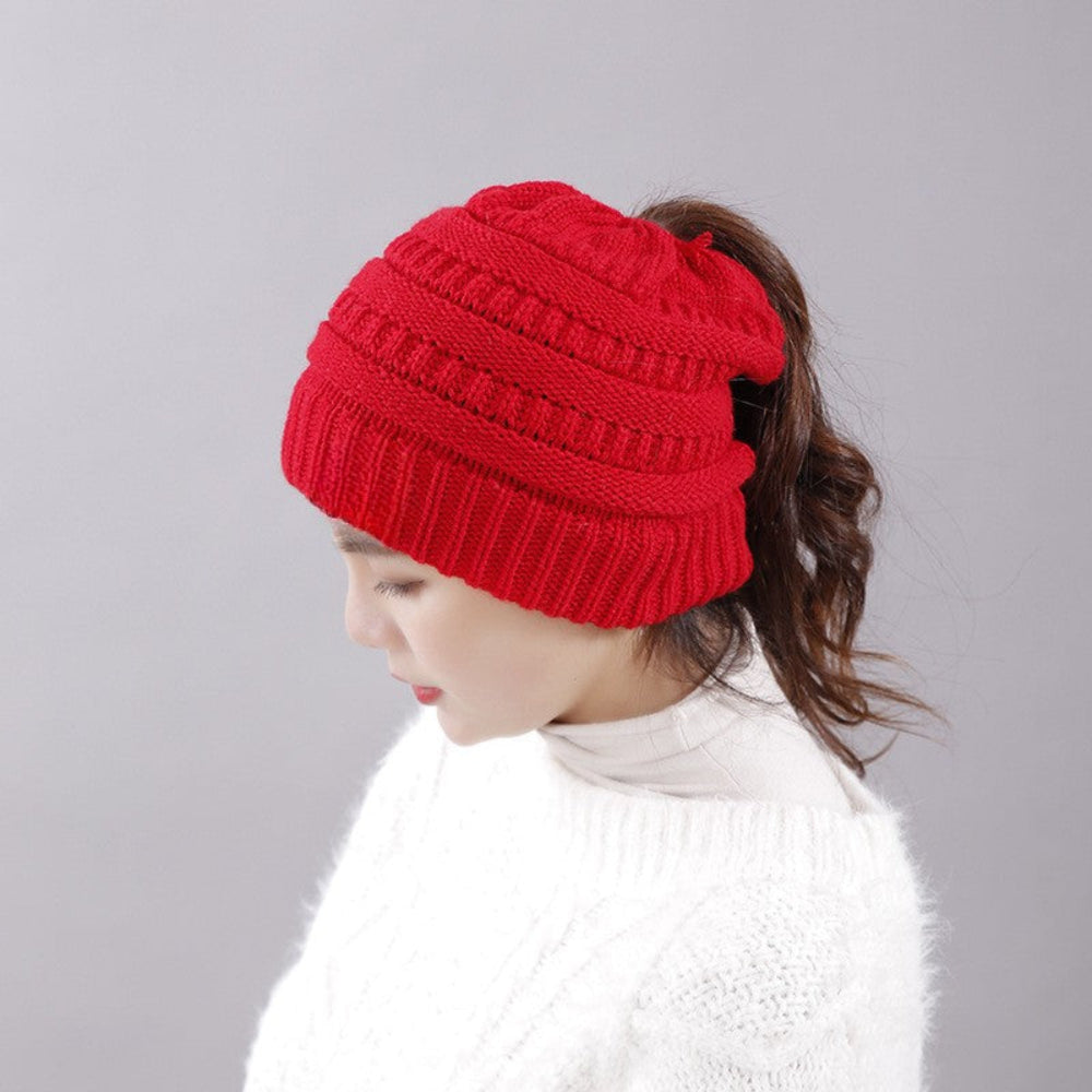 Women's Warm Knitted Winter Beanie Hat - Cozy Messy Bun Gift