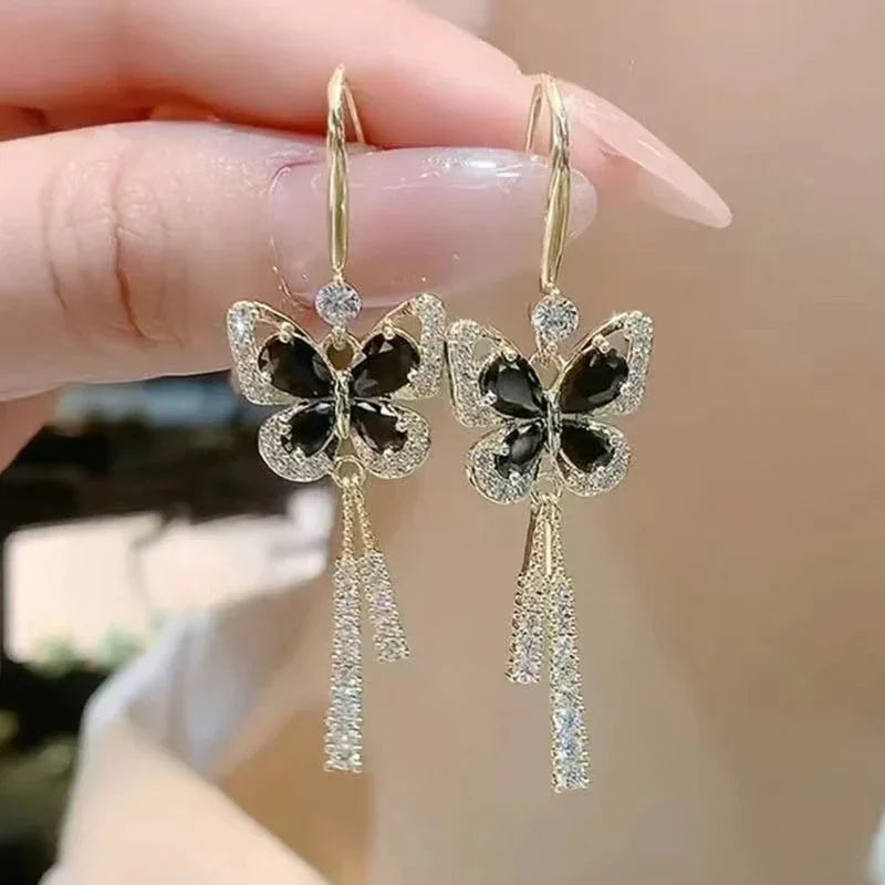 Crystal Butterfly Tassel Earrings