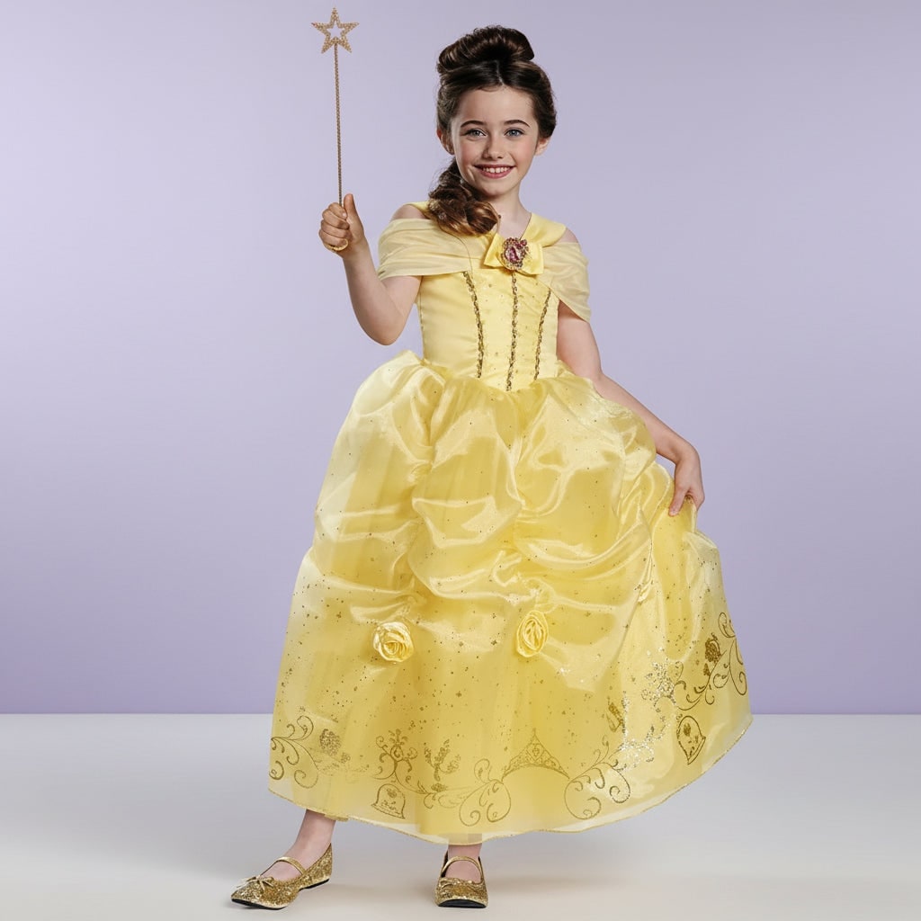 Girls' Halloween Princess Costume Dress with Gold Sequin Bodice and Star Wand