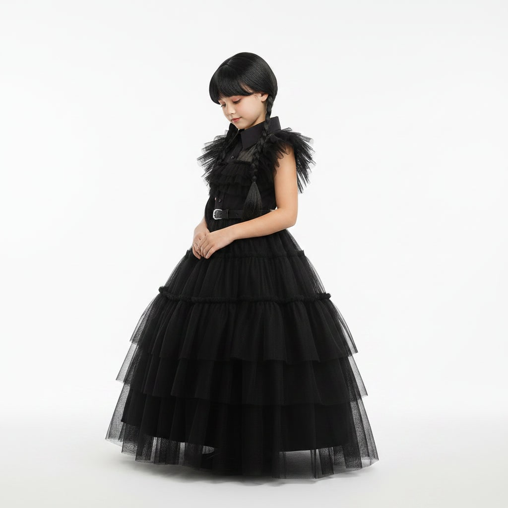 Girls' Wednesday Halloween Costume with Tiered Tulle Dress and Accessories