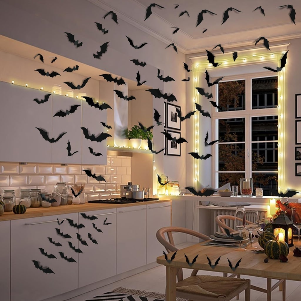 Halloween 3D Bat Wall Art Decor Stickers with Foldable Wings for Nursery Bathroom