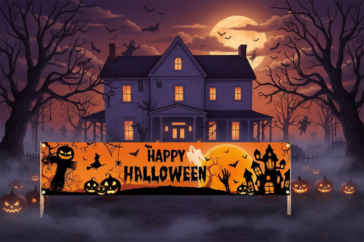 Halloween Banner Large Outdoor Decoration with Pumpkins Witch and Bats for Yard