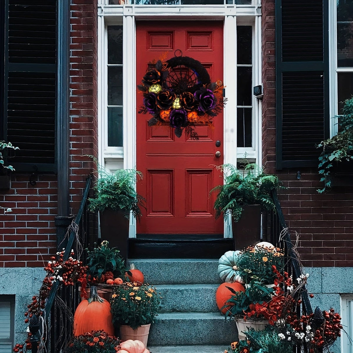 Halloween Door Wreath with Black Roses Spiderweb and Glitter Ornaments for Indoor Decoration