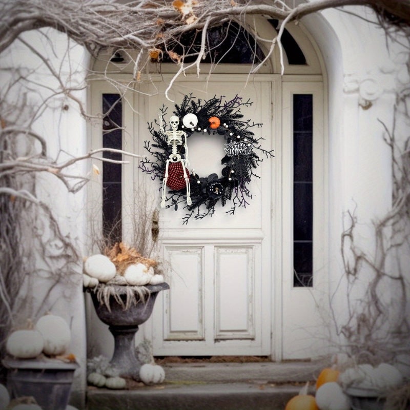 Halloween Door Wreath with Jack O Lantern Pumpkins and Skeleton for Party Decorations