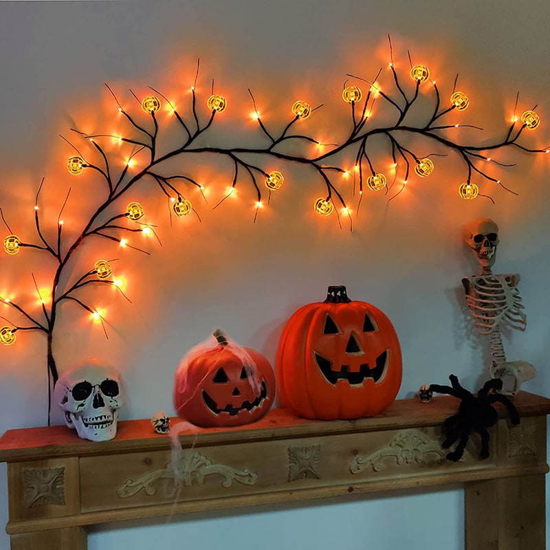 Halloween Garland with Lights LED Twig Battery Operated for Outdoor Mantel Decoration