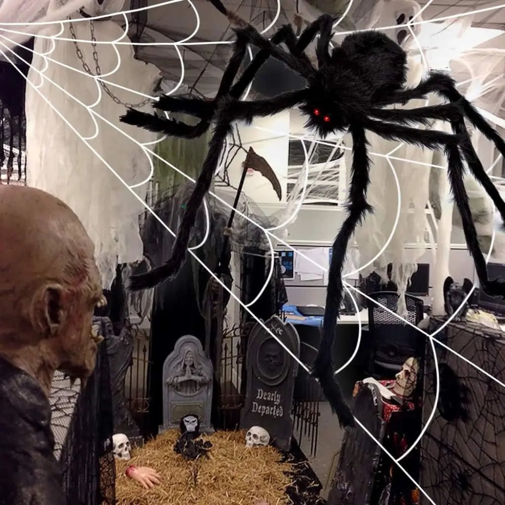 Halloween Giant Spider Web Decoration with Poseable Fuzzy and Rope for Outdoor Yard