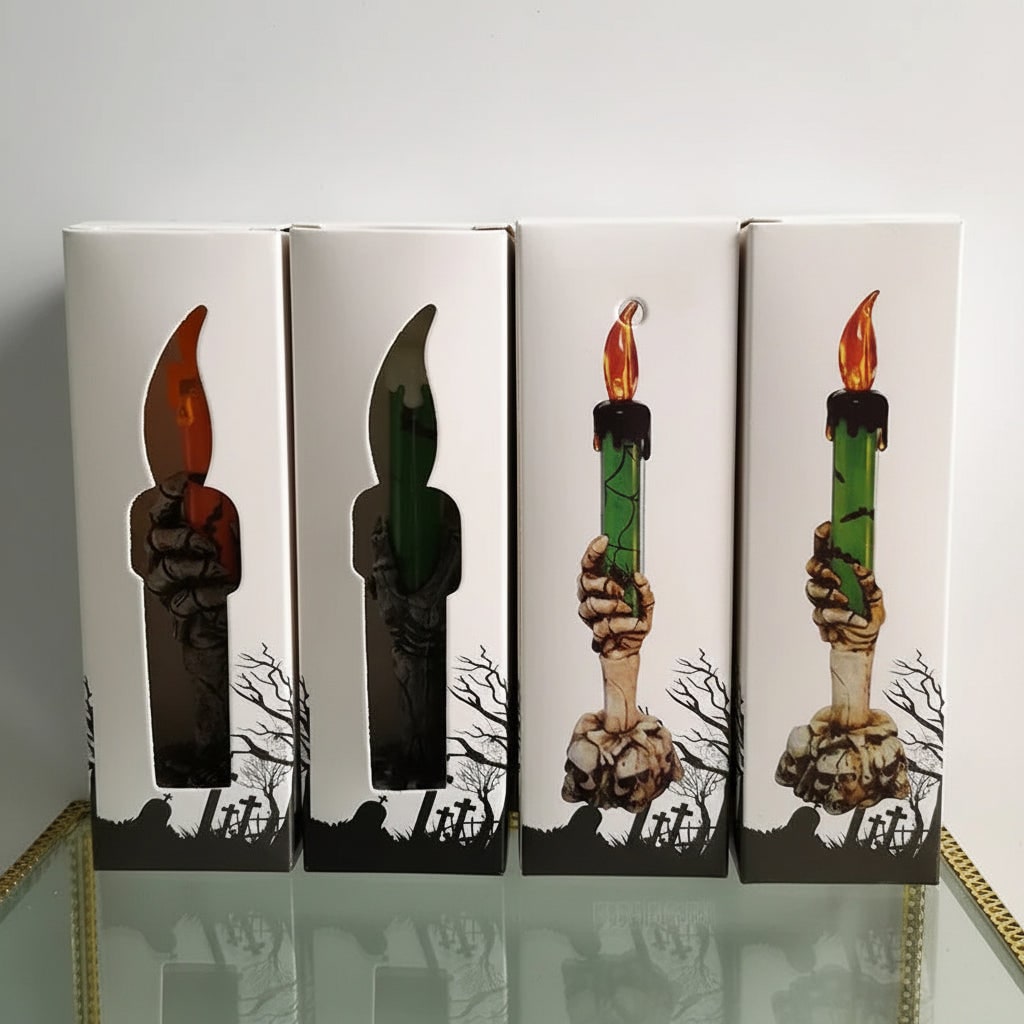 Halloween Hand Poured Soy Candles with Skeleton Holder and LED Flame Light for Party Decoration