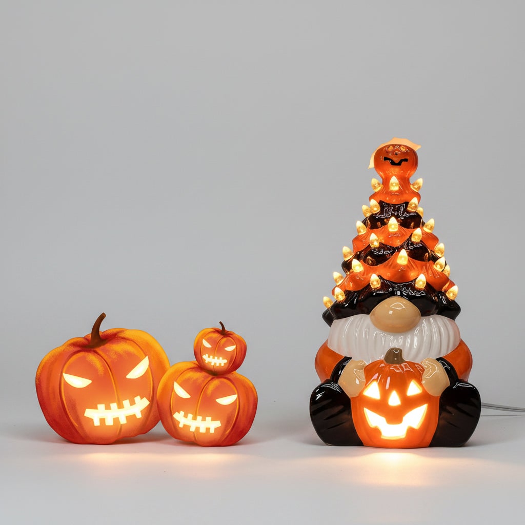 Halloween Jack O Lantern Ceramic Gnome Light-Up Figurine with Pumpkin for Party Decorations