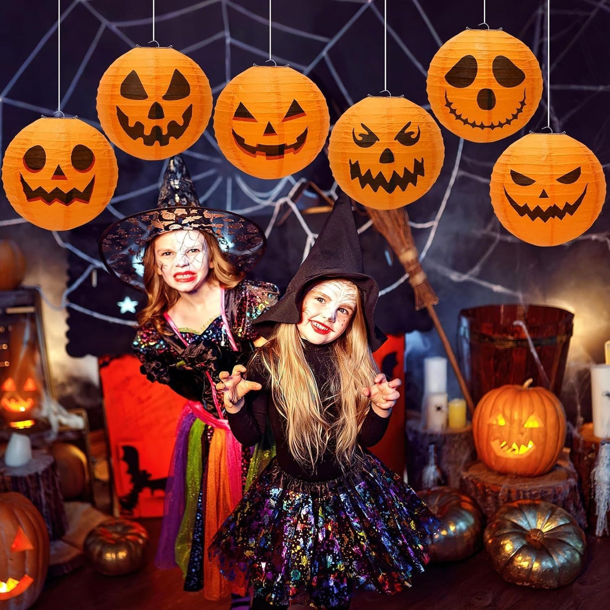 Halloween Jack O' Lantern Paper Pumpkin Hanging Decor Set of 12
