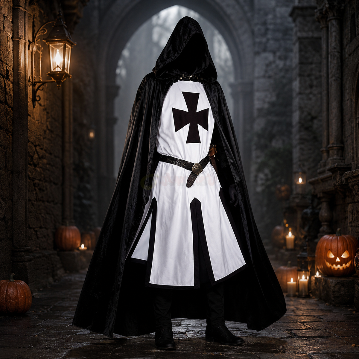 Halloween Medieval Knight Costume Templar Crusader Tunic with Contrasting Trim and Split Hem Panels