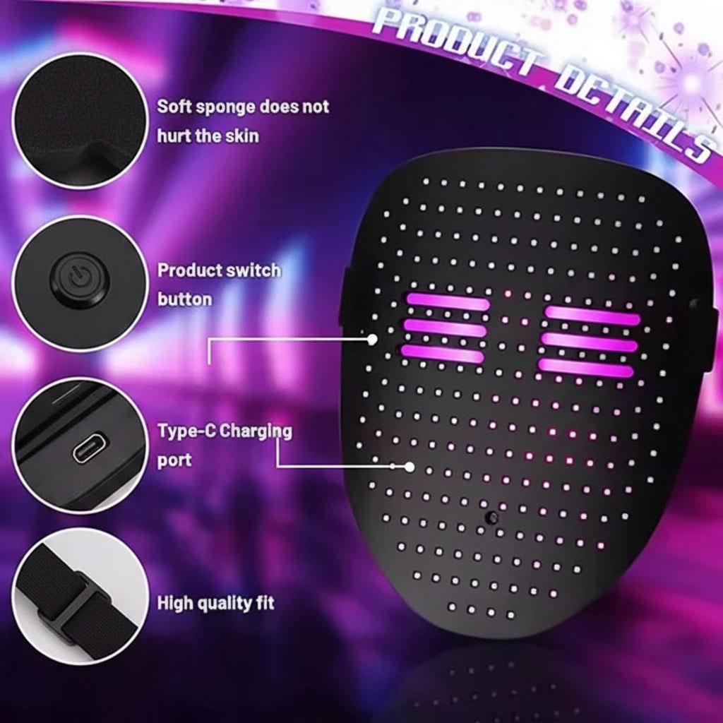Halloween Red Light Therapy LED Face Mask Up Full Costume Party with USB Rechargeable Battery