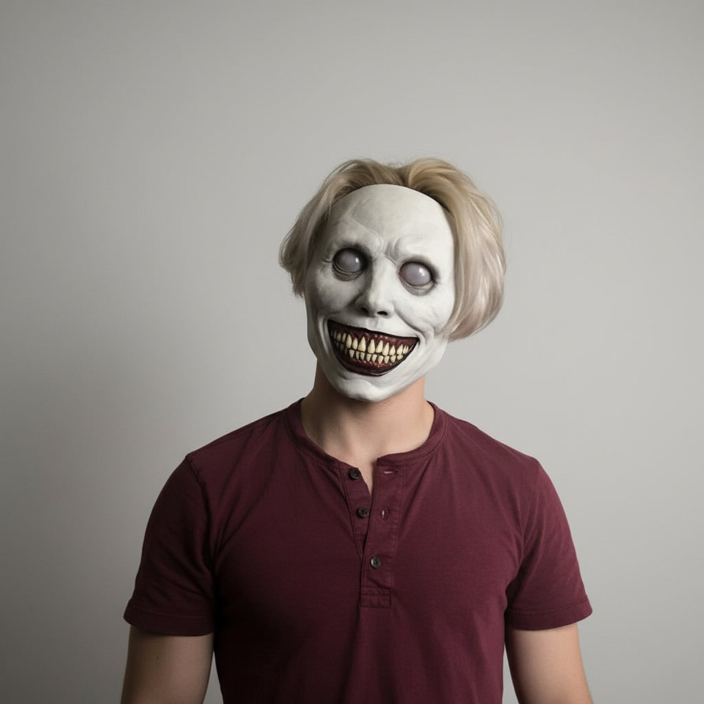 Halloween Scary Costume Mask with Creepy Demon Smiling Face and Textured Wrinkled Skin for Party