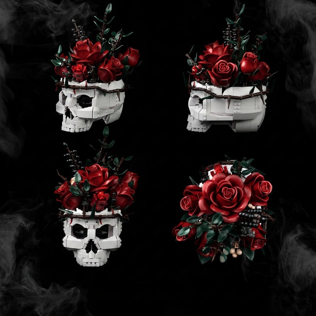 Halloween Skull Building Blocks with Magnetic Tiles and Roses Gothic Decoration Kit