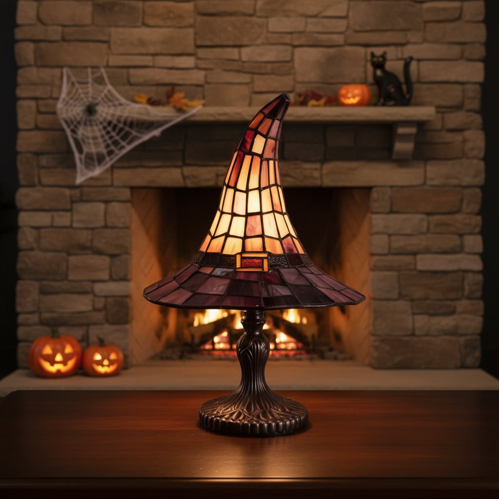 Halloween Tiffany Glass Witch Hat Table Lamp with Stained Shade and Bronze Base