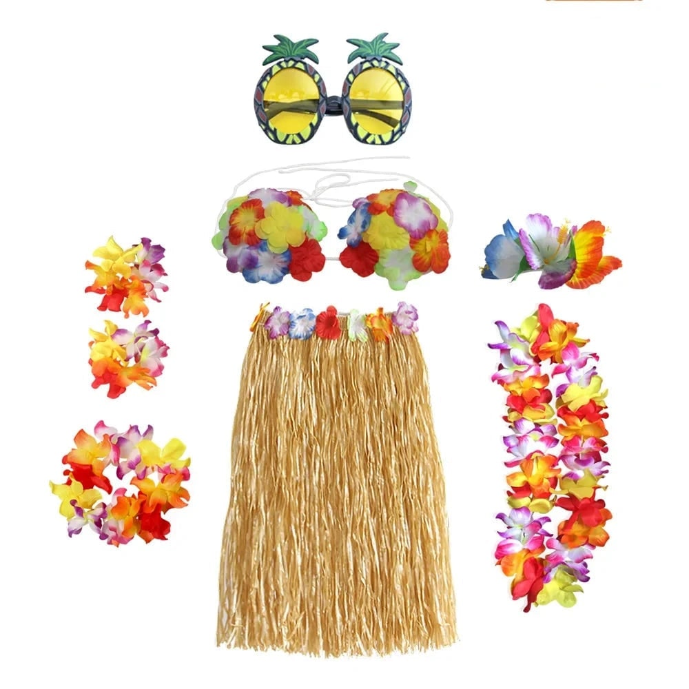 Halloween Two Piece Skirt and Top Matching Set Hawaiian Hula Costume with Grass Flower Lei