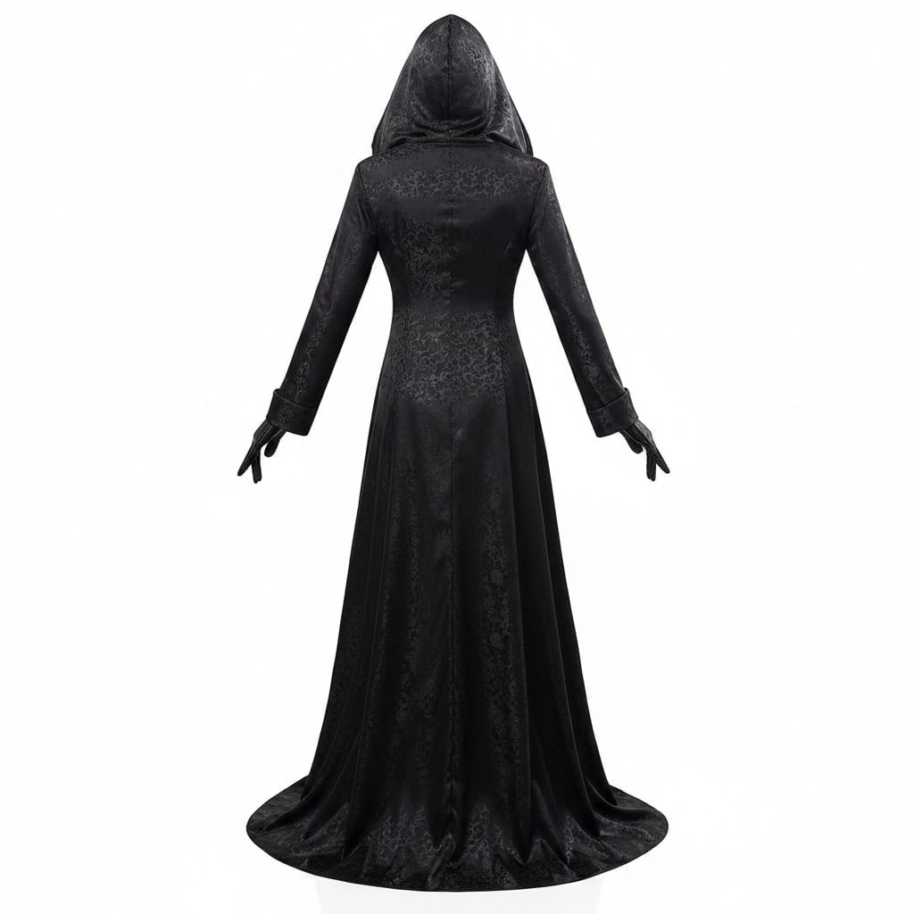 Halloween Vampire Costume Gothic Hooded Black Dress with Lace Choker Pendant and Gloves