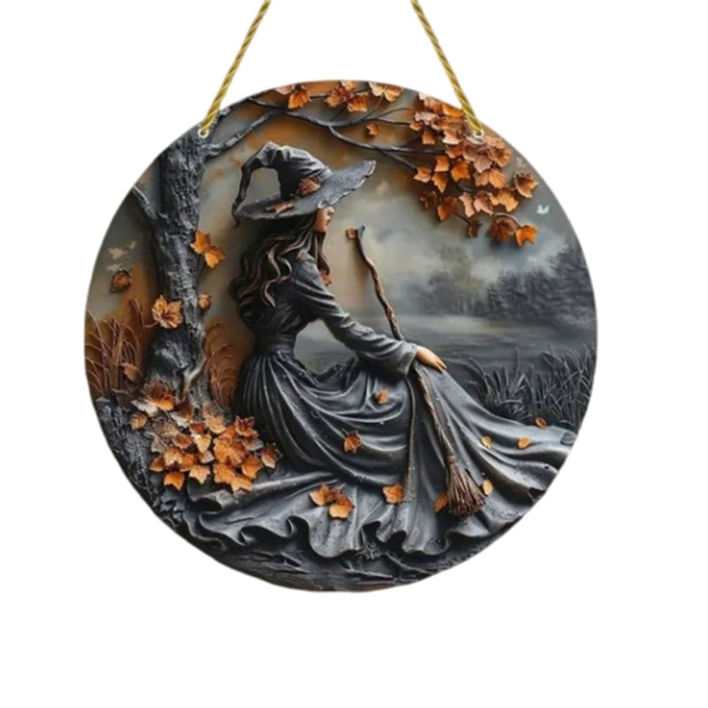 Halloween Wall Decor Panel with 3D Witch Relief Art for Bathroom Kitchen and Bedroom Wood
