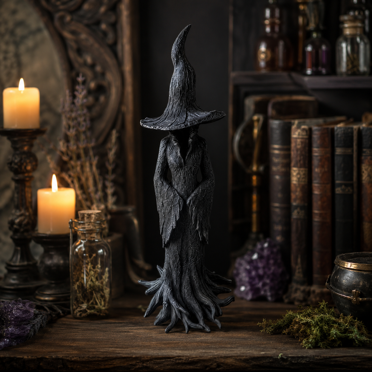 Halloween Witch Decoration Figurine with Textured Bark Finish and Root Base for Tabletop Decor