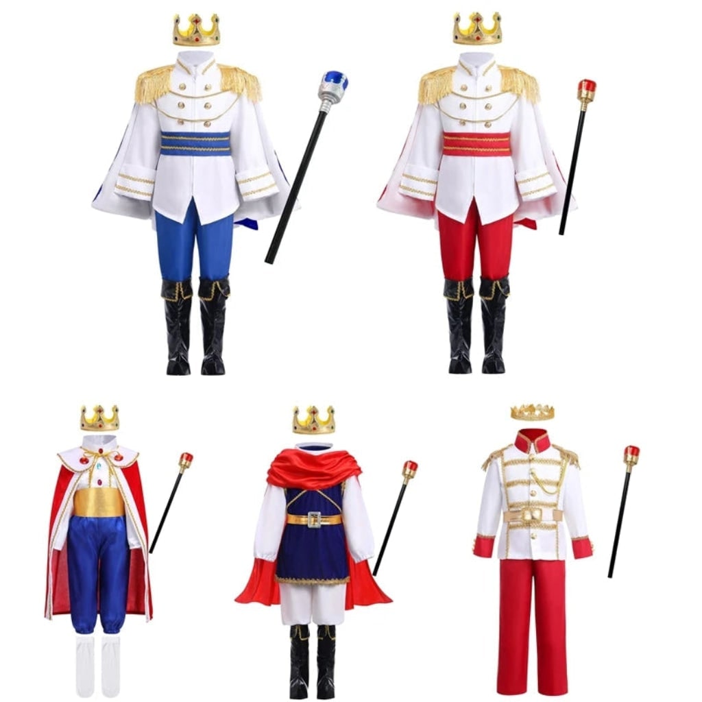 Kids' Halloween Royal Prince Costume Set with Gold Crown Scepter and Red Cape