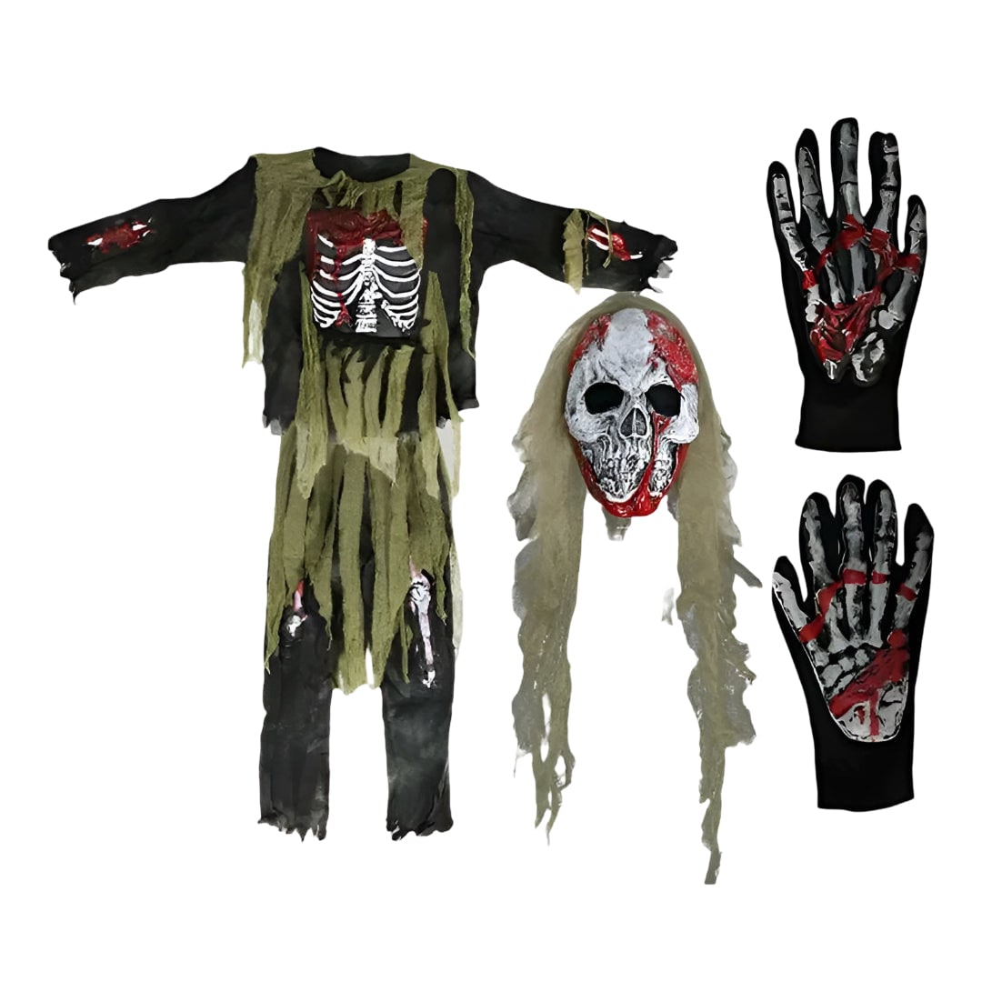 Kids' Halloween Zombie Skeleton Costume with Mask and Gloves for Scary Party Dress-Up