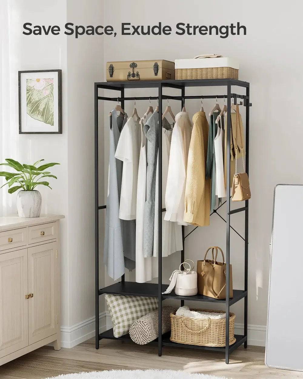 Freestanding Clothes Wardrobe with Hanging Rods and Storage Shelves