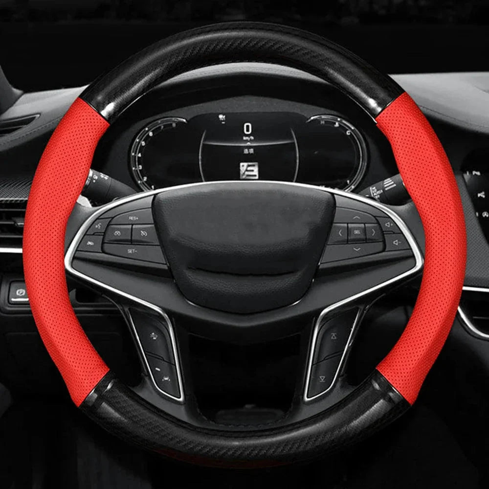 LUXDRIVE – Carbon Fiber Leather Steering Wheel Cover, Anti-Slip & Comfortable
