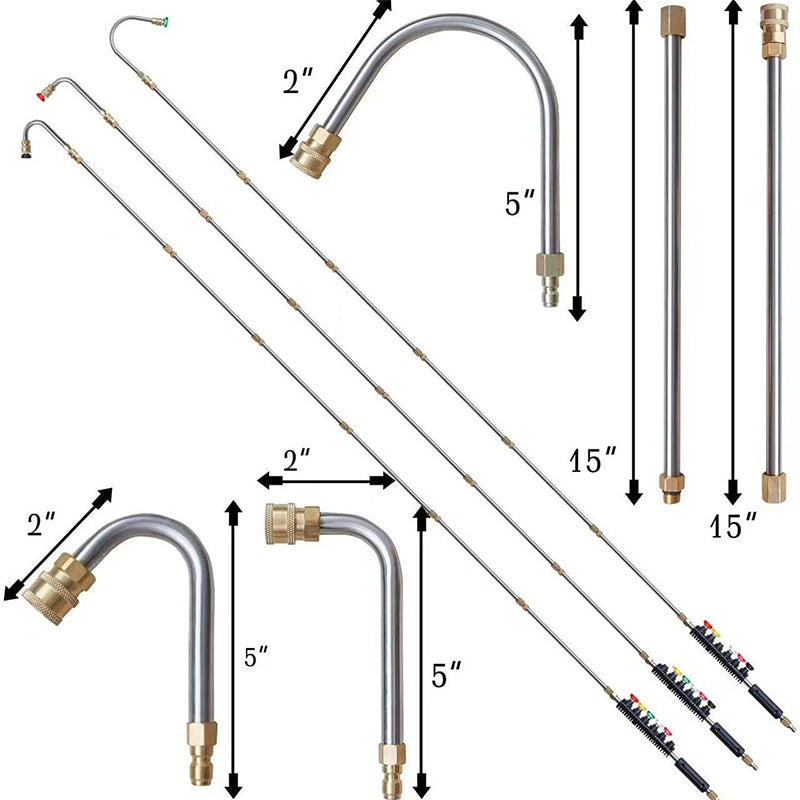 High Pressure Washer Wand Extension Set 4000 PSI - Stainless Steel Power Cleaning Rod with 6 Spray Nozzles and Curved Gutter Attachment