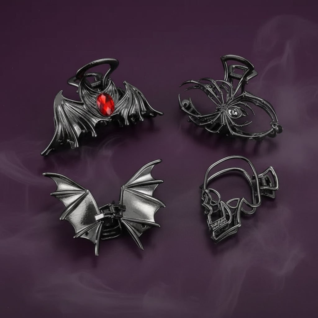 Women's Halloween Hair Claw Clips with Skeleton Hand Bat Wing and Spiderweb Metal Decorative Design