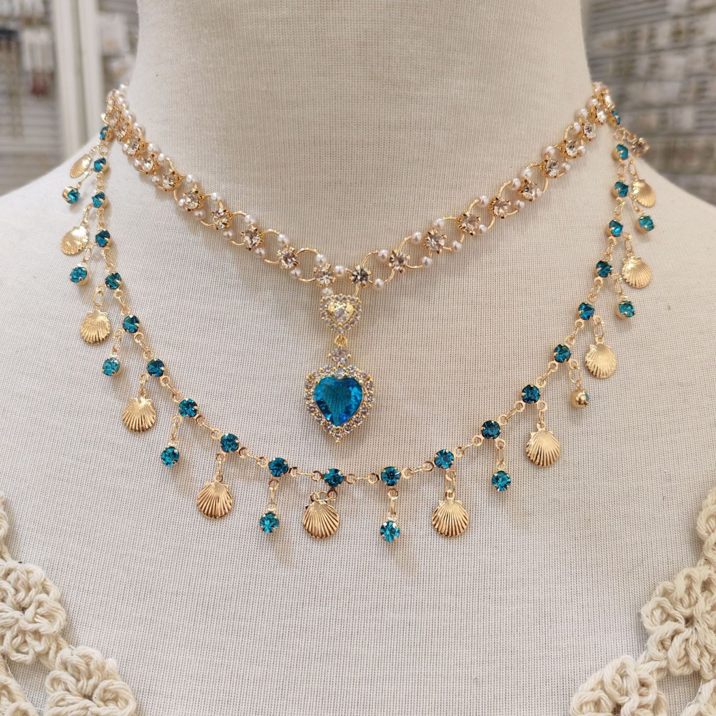 Blue Heart Shell Double Layered Necklace