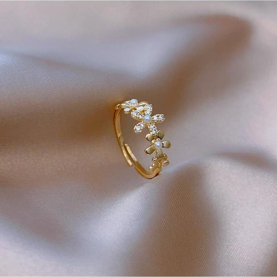 Simple Flower Pearl Zirconia Adjustable Ring