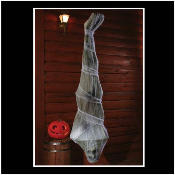 Hanging Skeleton in Spider Cocoon – 5ft Halloween Prop with Light-Up Eyes, Faux Webbing & Upside-Down Hanging for Haunted House Decor