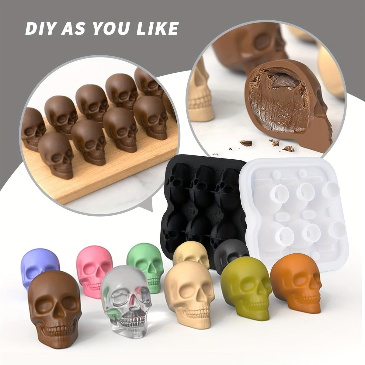 Silicone Skull Ice Cube Maker Tray with Large Reusable Mold for Drinks and Whiskey Ball