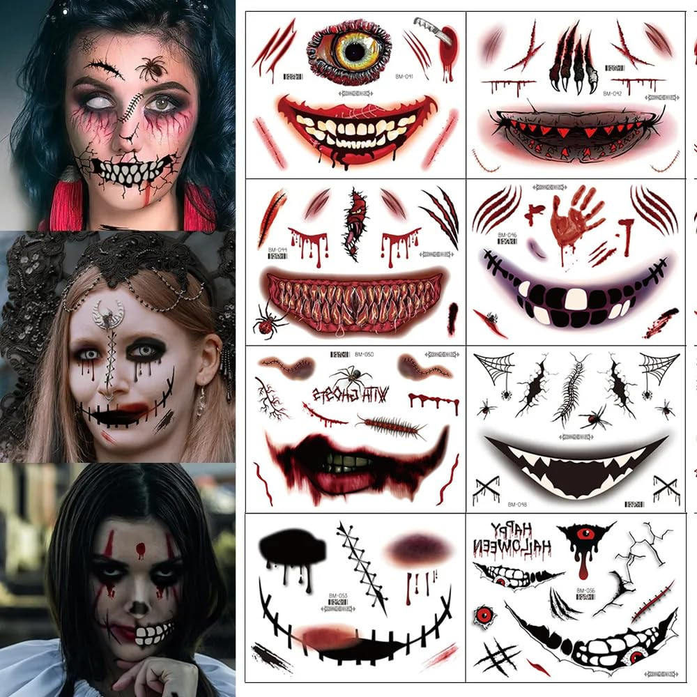 Halloween Temporary Tattoo Makeup – Realistic Fake Wounds, Scars & Blood FX Stickers for Costume & Prank Use