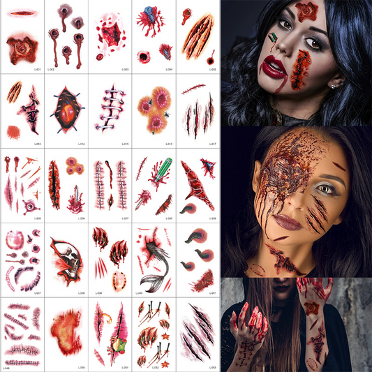 Halloween Temporary Tattoo Makeup – Realistic Fake Wounds, Scars & Blood FX Stickers for Costume & Prank Use