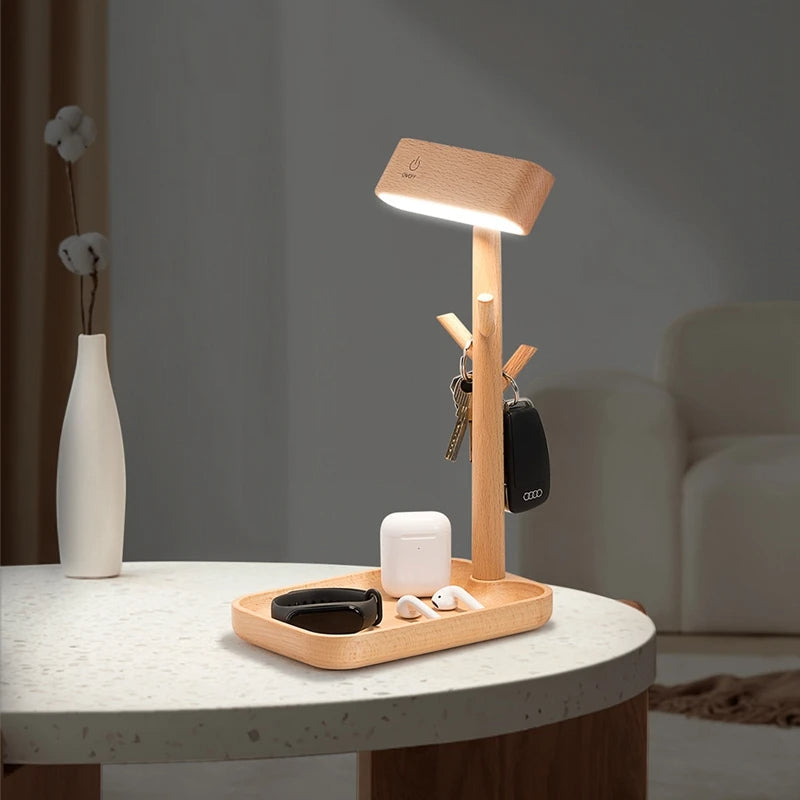 Solid Wood Desk Lamps Dimmable Small Rechargeable Magnetic Wall Lights Flashlight Storage Tray with LED Light for Bedroom