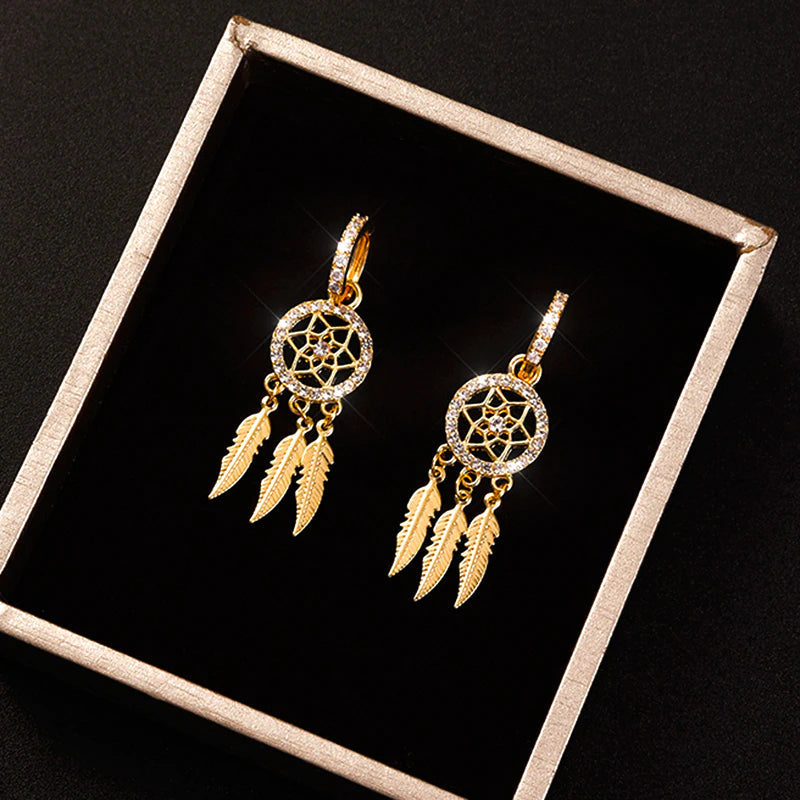 Dreamcatcher 14k Solid Gold Earrings - hoop earrings