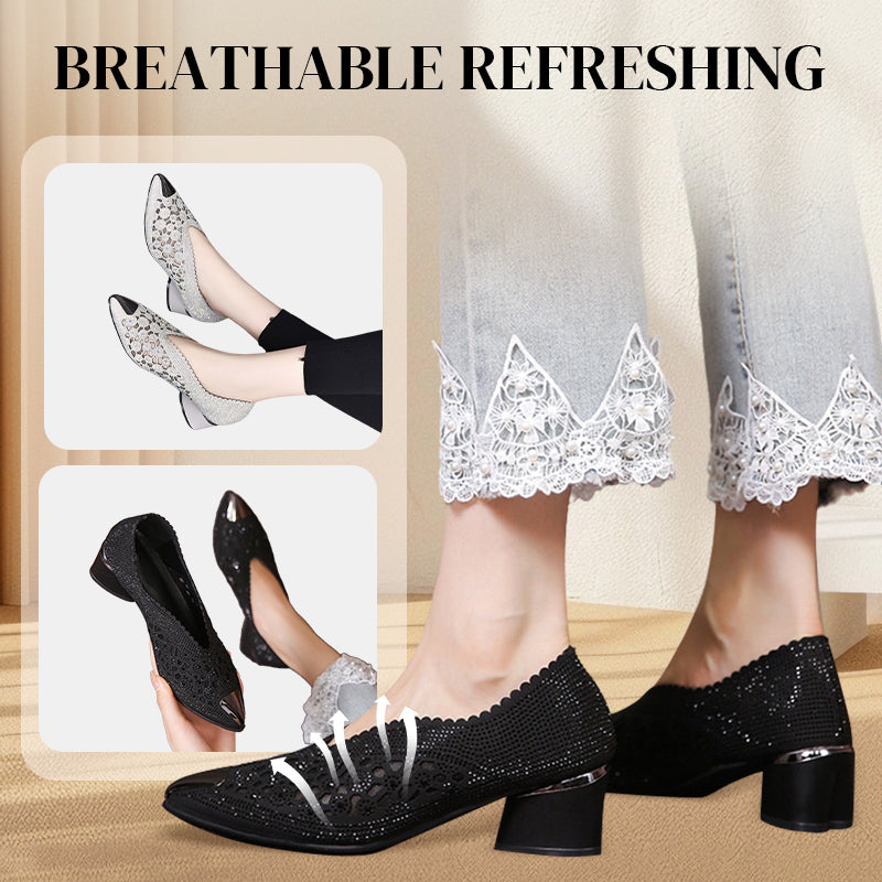 Hollow mesh sandals with rhinestone and chunky heel