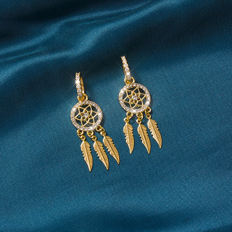 Dreamcatcher 14k Solid Gold Earrings - hoop earrings