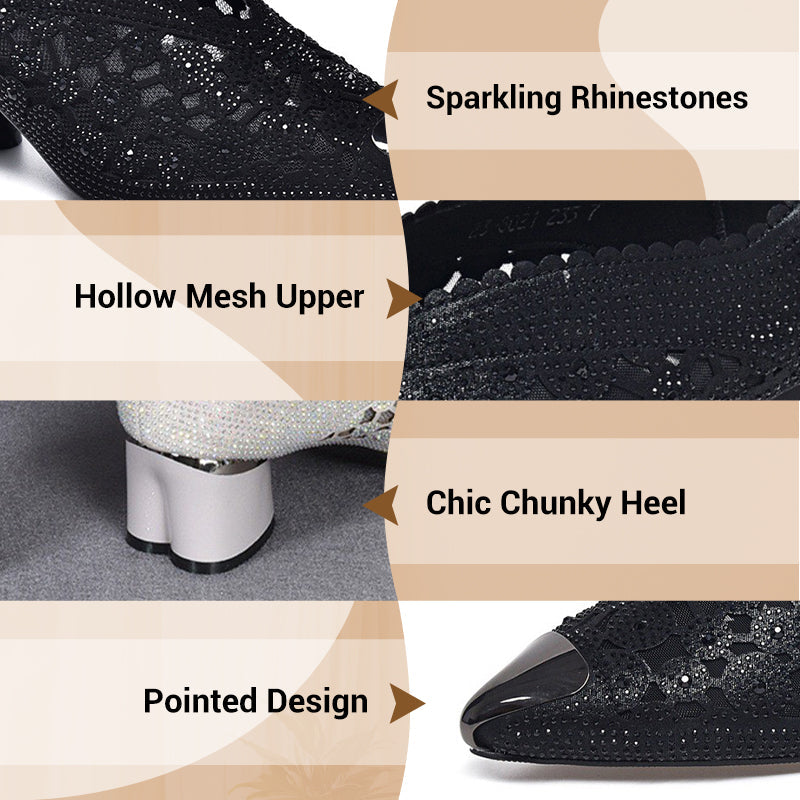 Hollow mesh sandals with rhinestone and chunky heel