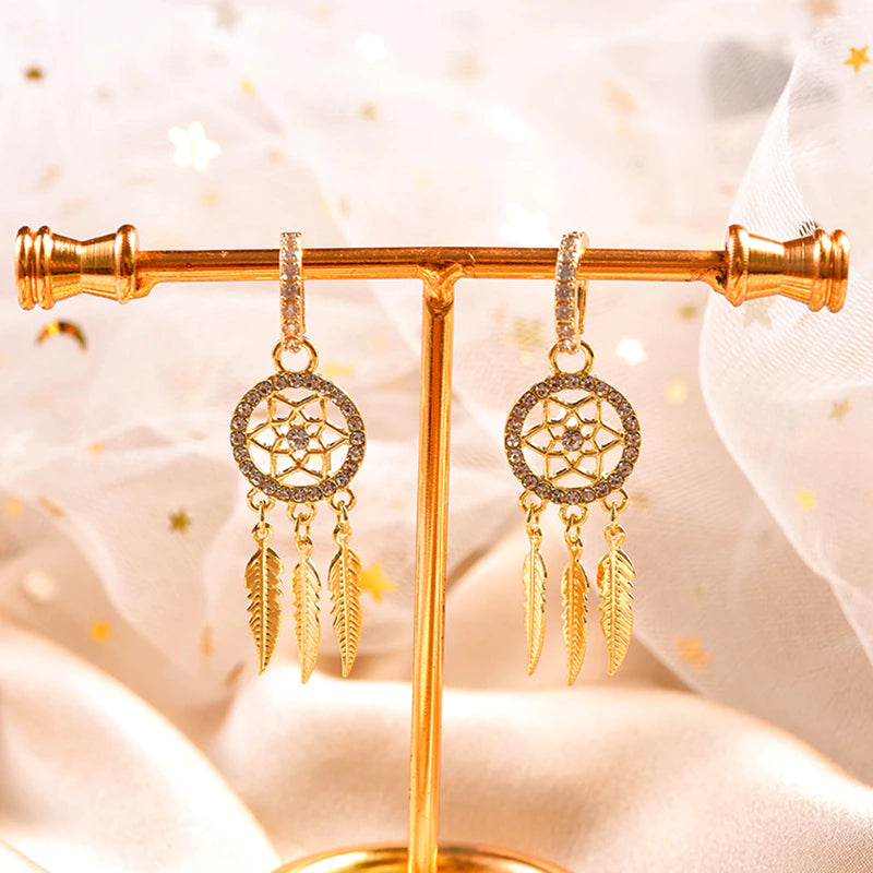 Dreamcatcher 14k Solid Gold Earrings - hoop earrings