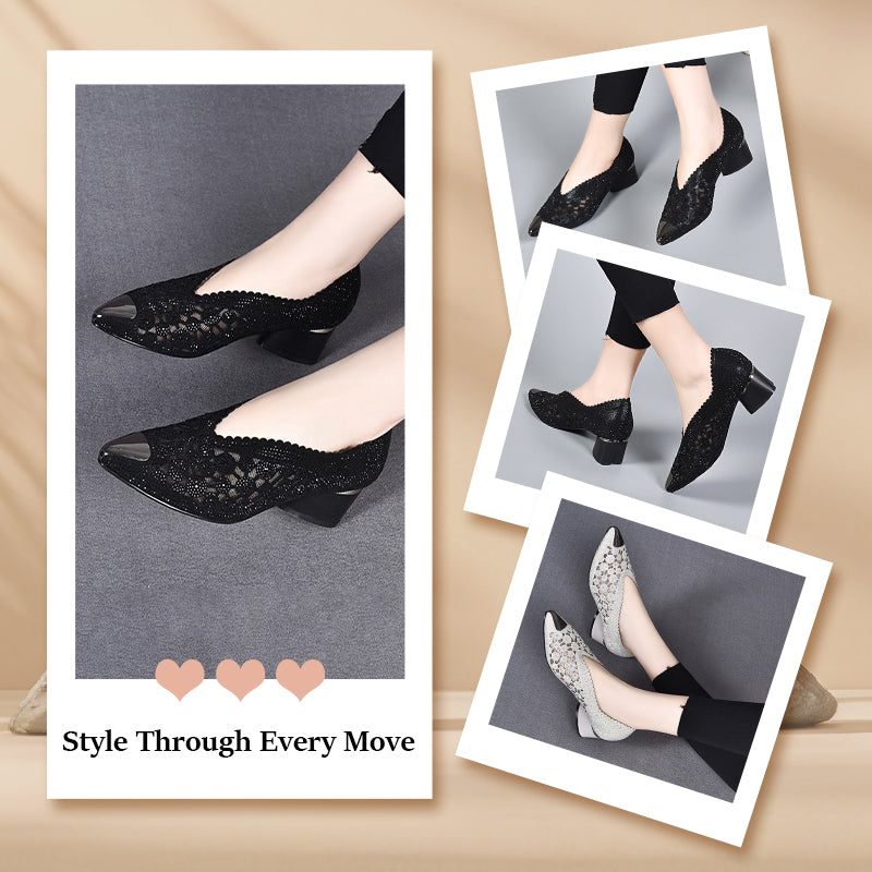 Hollow mesh sandals with rhinestone and chunky heel