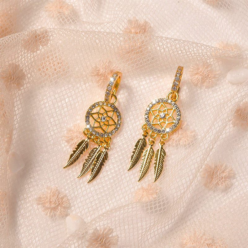 Dreamcatcher 14k Solid Gold Earrings - hoop earrings