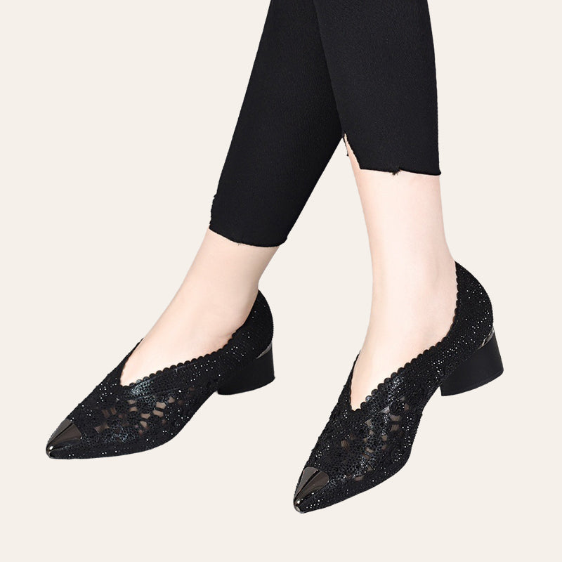 Hollow mesh sandals with rhinestone and chunky heel
