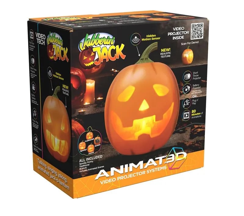 Animated Singing Halloween Pumpkin – Motion Sensor Talking Jack with Projected Face, Speaker, 80-Min Animation, USB or Battery Powered