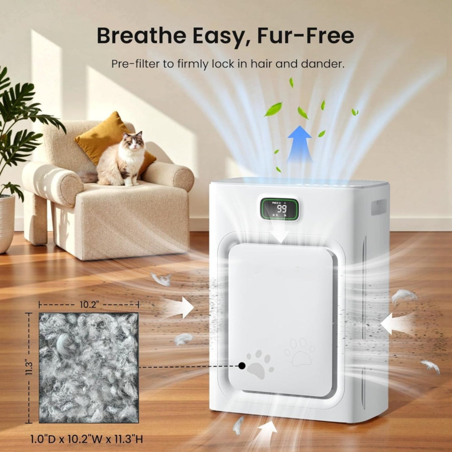Air Purifier Filter Large Room Pet Hair Cleaner